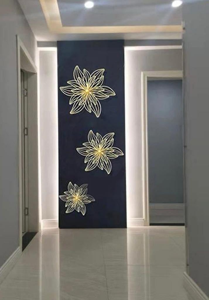 Zove Metal Set Of 3 Pieces Golden Flowers Wall Art Hanging Perfect For Home, Hotel, Restaurant, Living Room Decoration (24 X 24